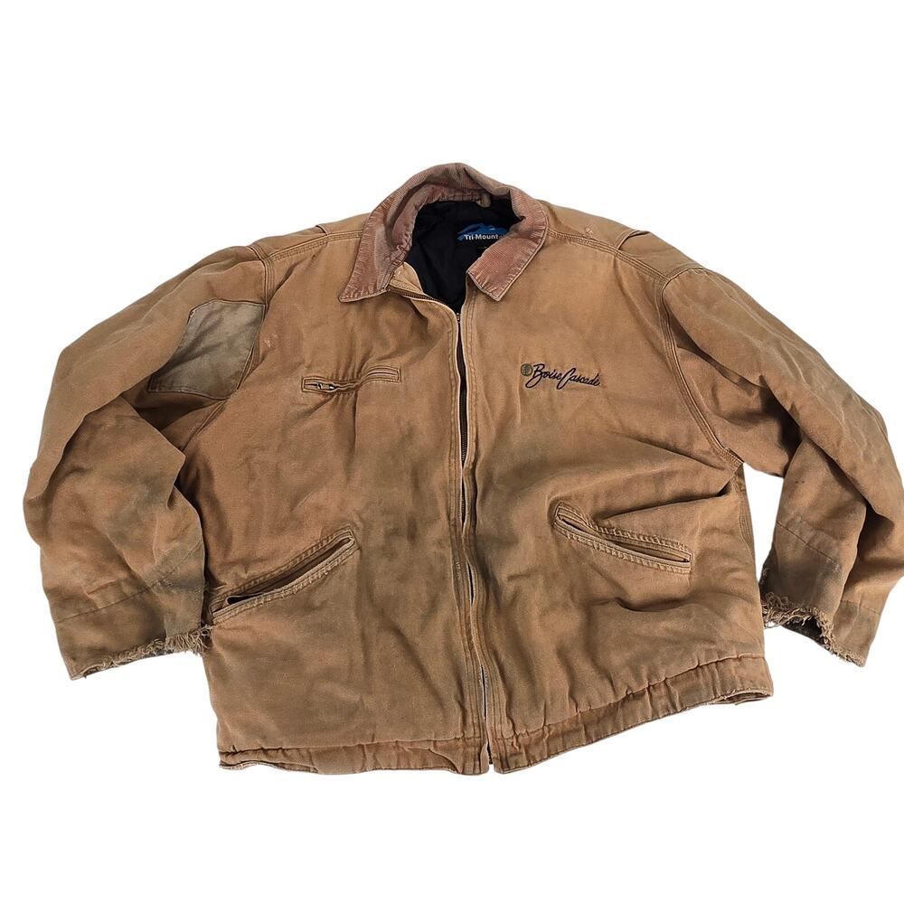 Vintage Tri-Mountain DUCK Tan Canvas DISTRESSED Thrassed Work JACKET Mens XL